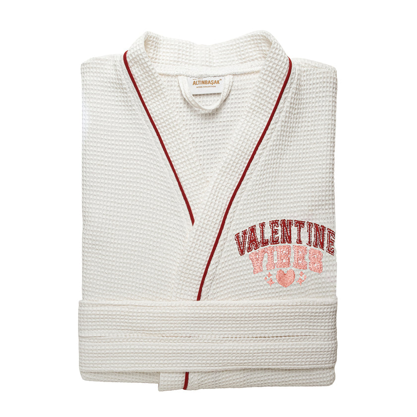 Valentine %100 Pamuk Nakışlı Pike Bornoz Beyaz (M/L)