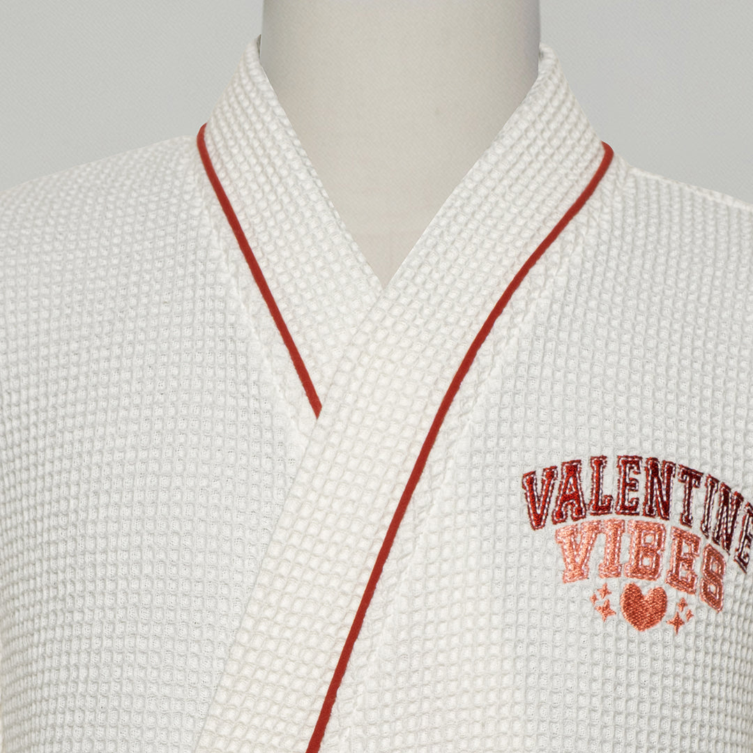 Valentine %100 Pamuk Nakışlı Pike Bornoz Beyaz (M/L)