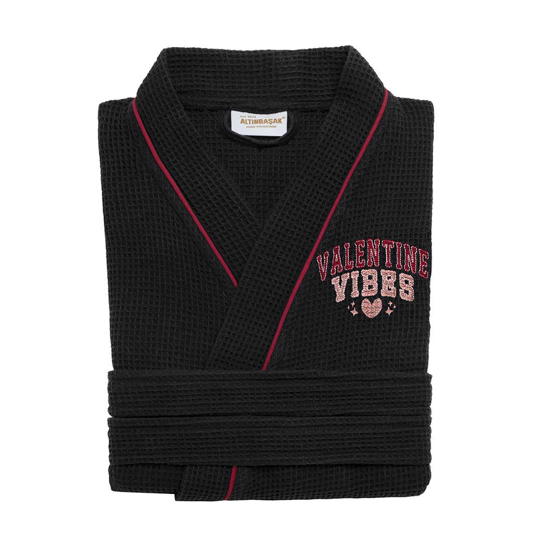 Valentine %100 Pamuk Nakışlı Pike Bornoz Siyah (M/L)