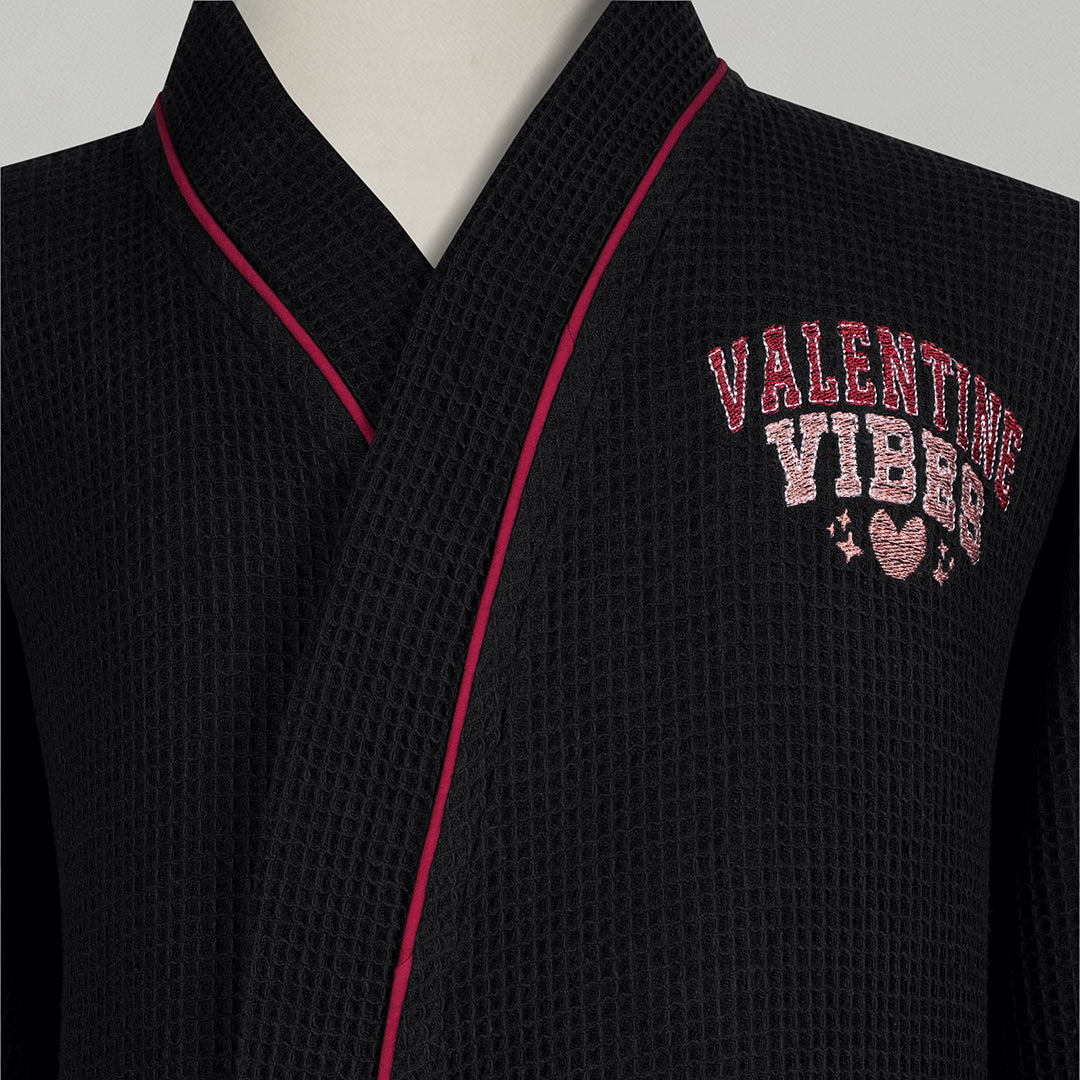 Valentine %100 Pamuk Nakışlı Pike Bornoz Siyah (M/L)