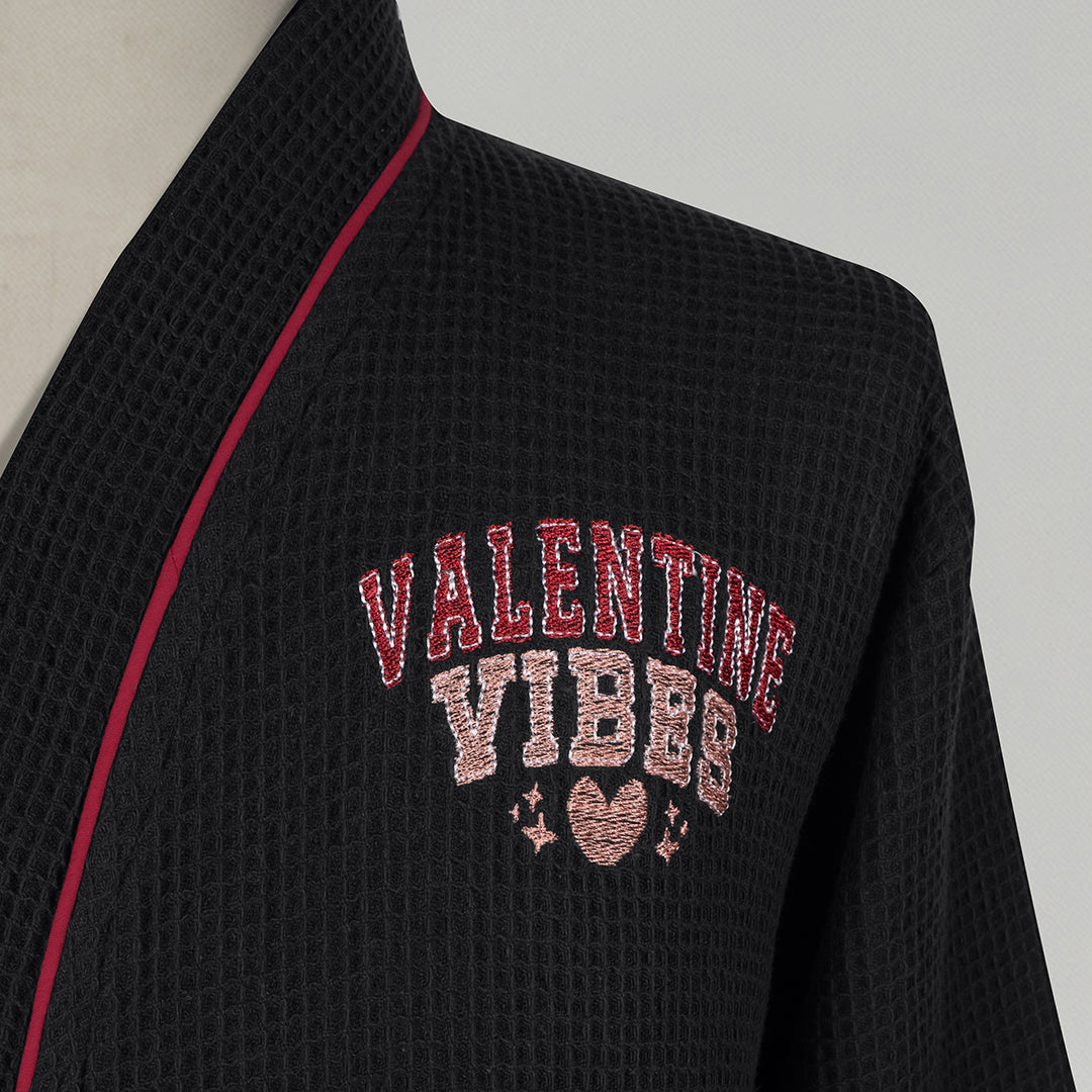Valentine %100 Pamuk Nakışlı Pike Bornoz Siyah (M/L)