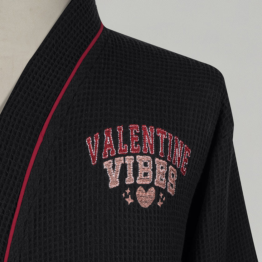Valentine %100 Pamuk Nakışlı Pike Bornoz Siyah (M/L)