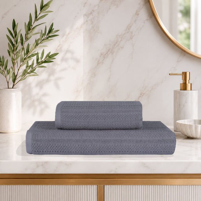 Linari %100 Pamuk Jakarlı 2'li Banyo Seti Gri 50x90/90x150