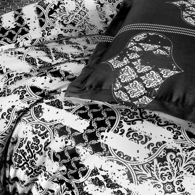 Alchera Çift Kişilik Baskılı Saten Nevresim Takımı Siyah (6 Parça)