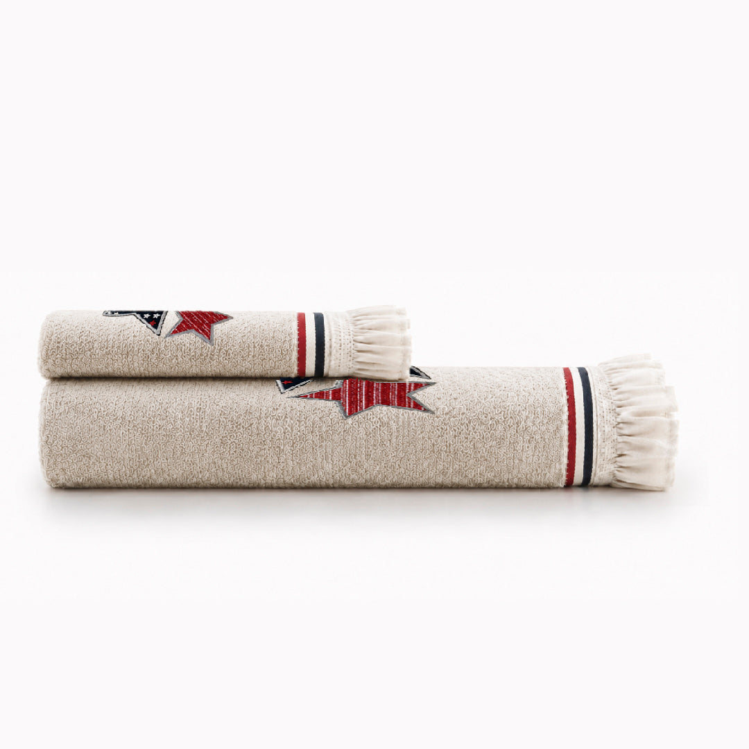 Marin Nakışlı %100 Pamuk 2'li Havlu Seti Bej