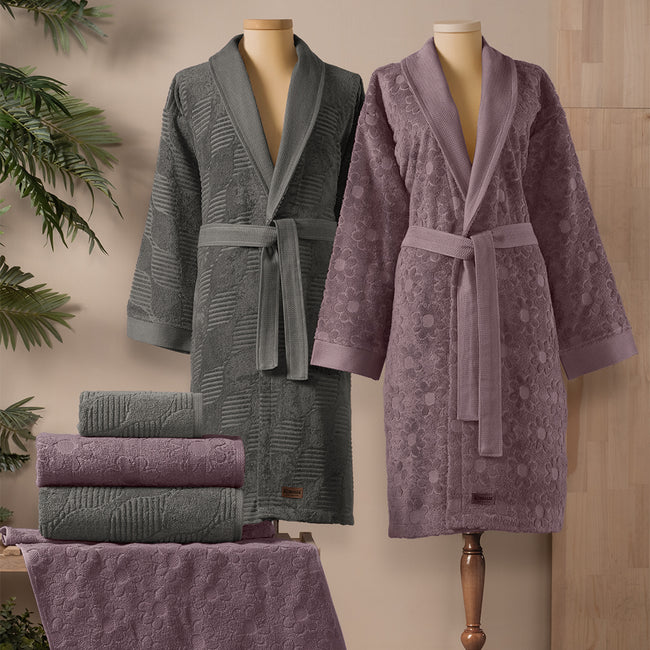 Armo %100 Pamuk Aile Bornoz Seti Mürdüm/Antrasit (6 Parça)