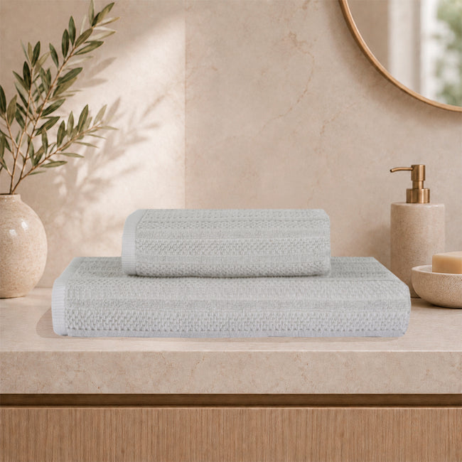Linari %100 Pamuk Jakarlı 2'li Banyo Seti Açık Gri 50x90/90x150