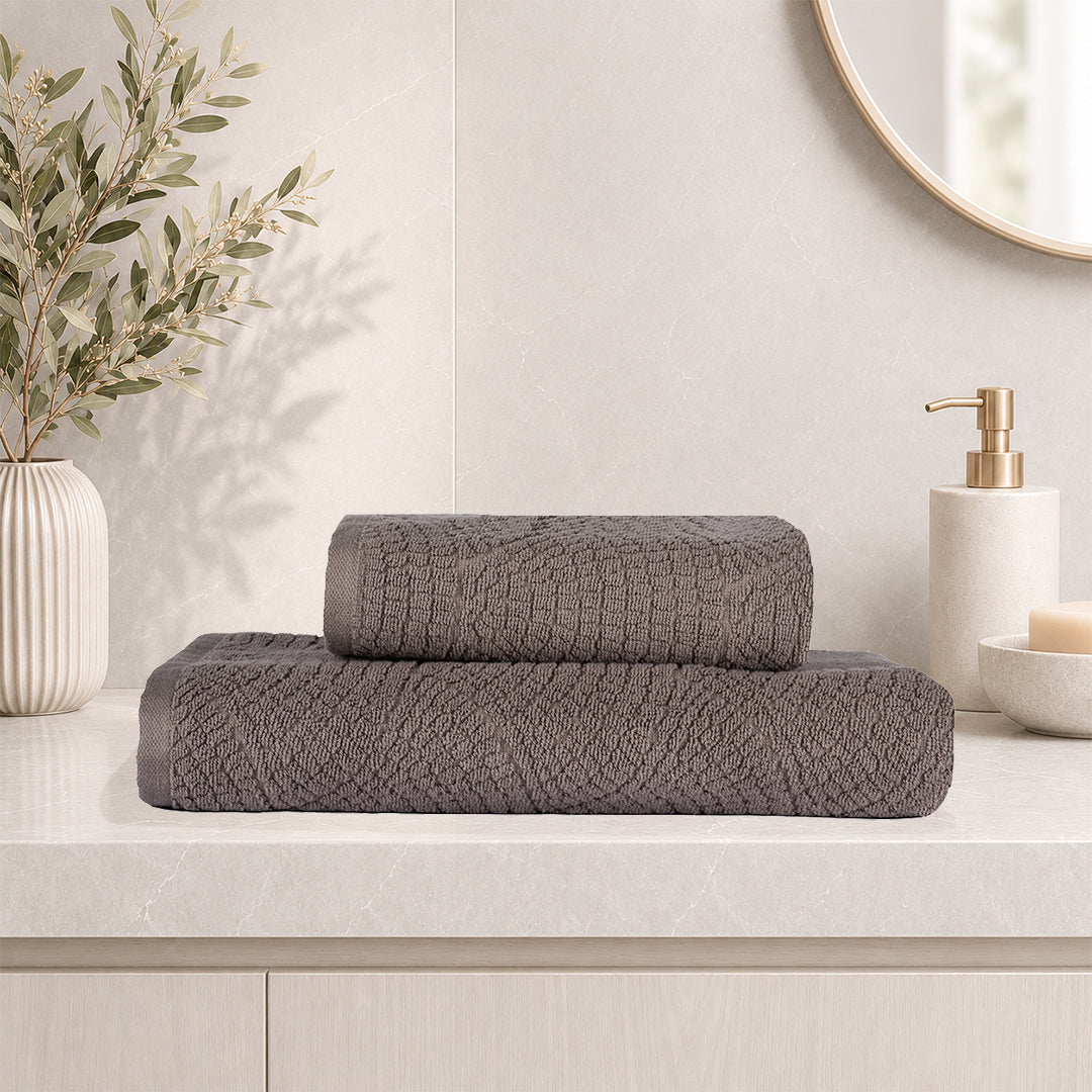 Lavenza %100 Pamuk Jakarlı 2'li Banyo Seti Koyu Bej 50x90/90x150