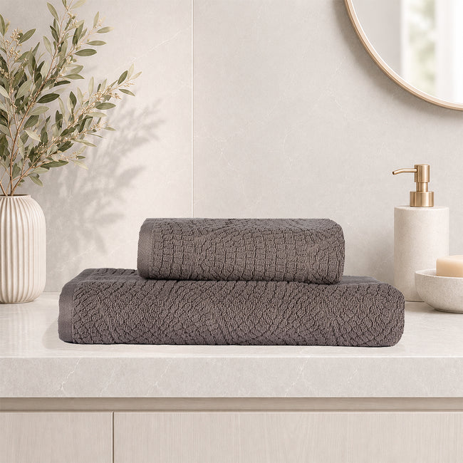 Lavenza %100 Pamuk Jakarlı 2'li Banyo Seti Koyu Bej 50x90/90x150