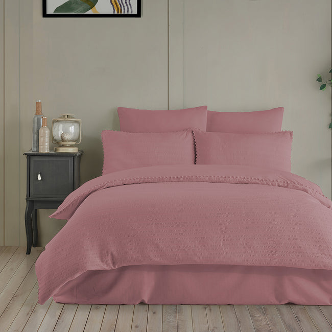 Emboss Çift Kişilik Dokulu Saten Nevresim Takımı Gül Kurusu (6 Parça)