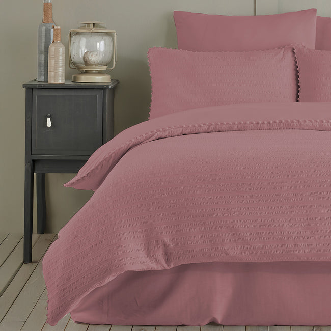 Emboss Çift Kişilik Dokulu Saten Nevresim Takımı Gül Kurusu (6 Parça)