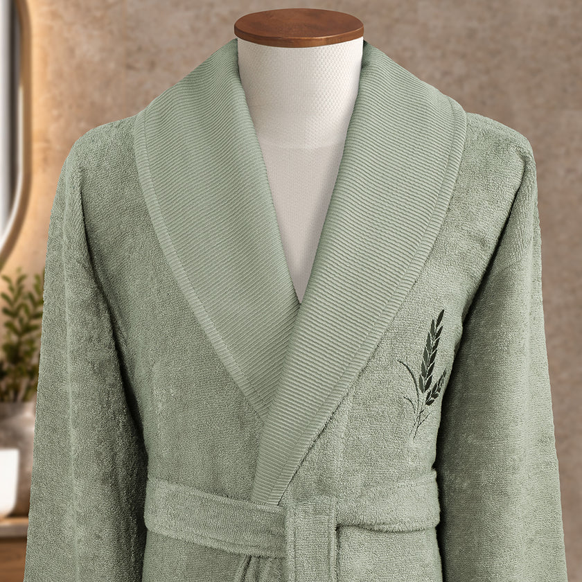 Estelle Bambu Nakışlı Aile Bornoz Seti Ekru/Adaçayı Yeşili M-L/L-XL 6 Parça