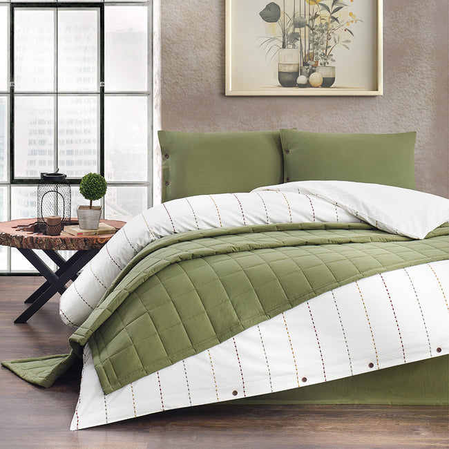 Freda Çift Kişilik Nevresim-Yatak Örtüsü Takımı Yeşil (5 Parça)