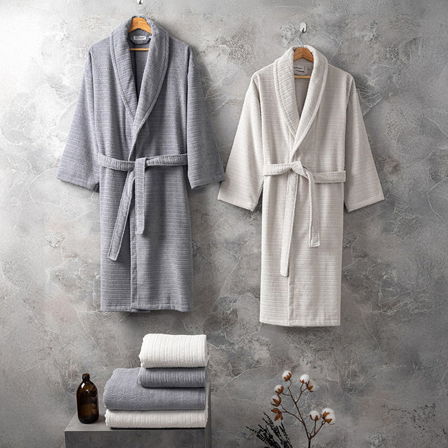 Grace %100 Pamuk Aile Bornoz Seti Açık Gri/Ekru (6 Parça)