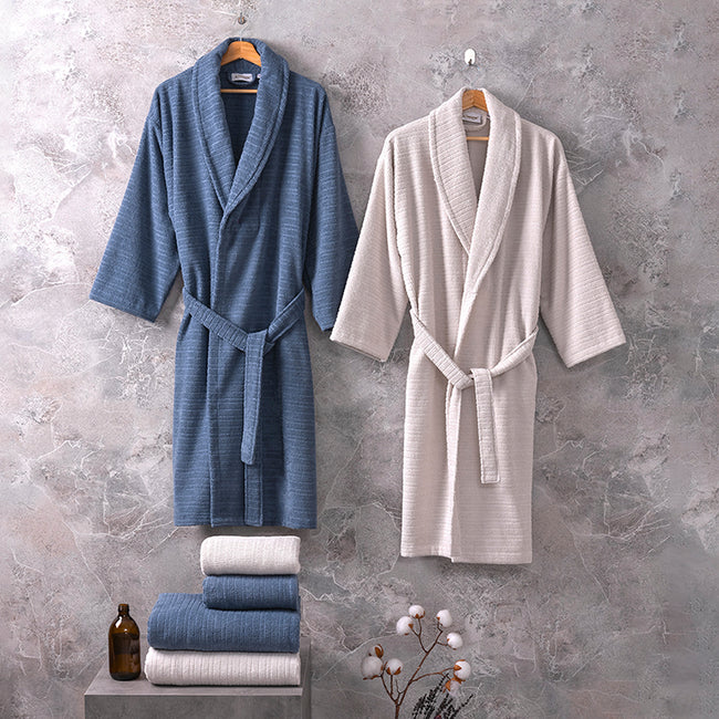 Grace %100 Pamuk Aile Bornoz Seti Mavi/Ekru (6 Parça)