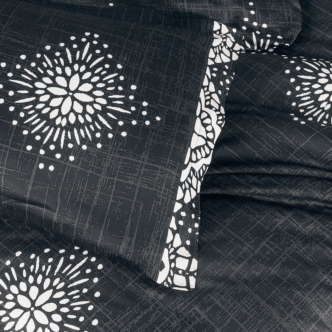 Hayra Çift Kişilik Baskılı Saten Nevresim Takımı Siyah (6 Parça)