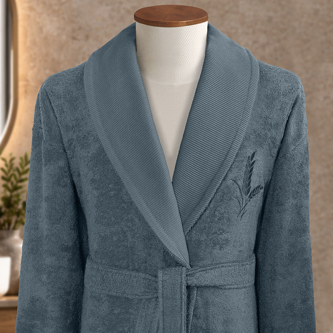 Larina Bambu Nakışlı Aile Bornoz Seti Ekru/Indigo M-L/L-XL (6 Parça)