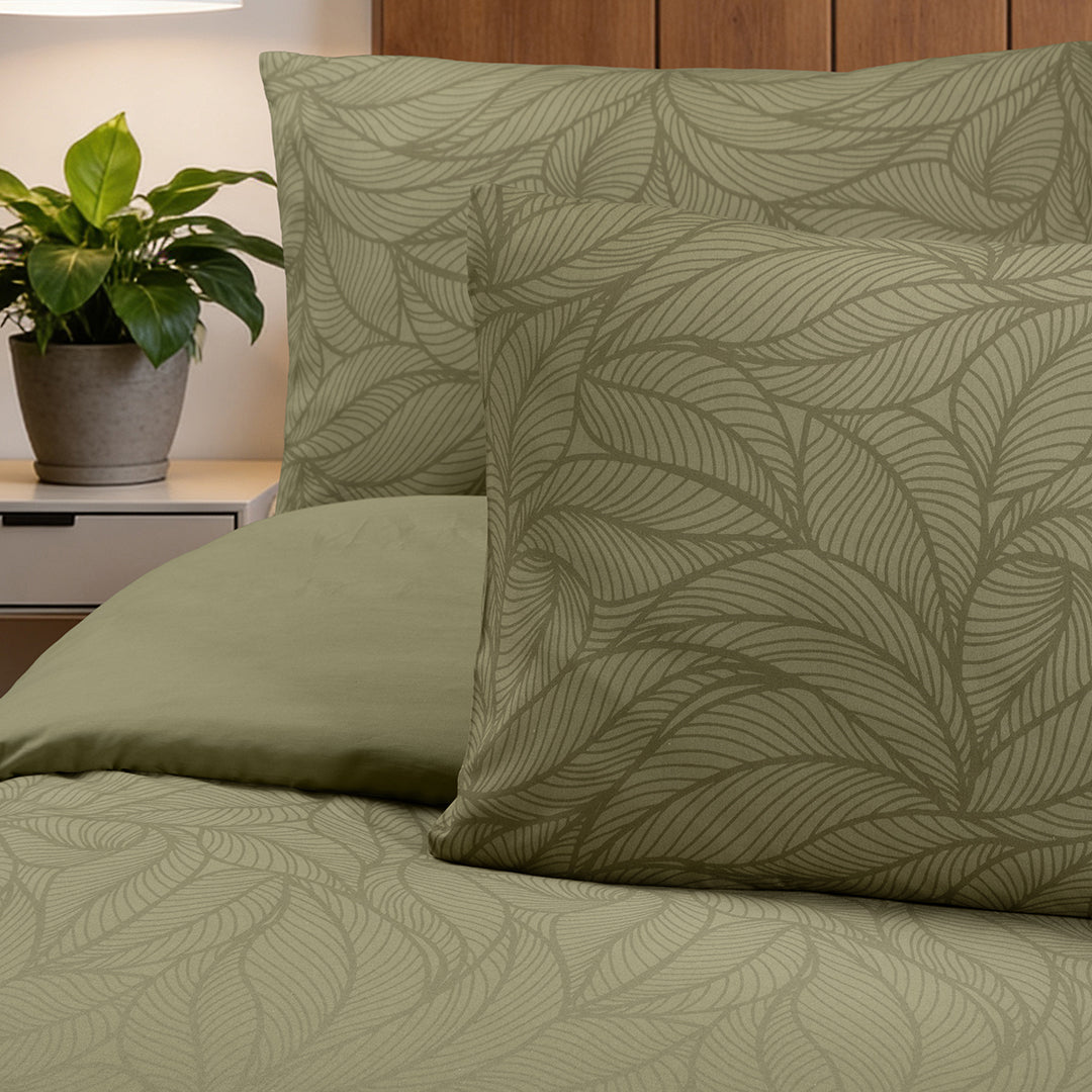 Leaf Line Çift Kişilik %100 Pamuk Ranforce Nevresim Seti Yağ Yeşili (3 Parça)