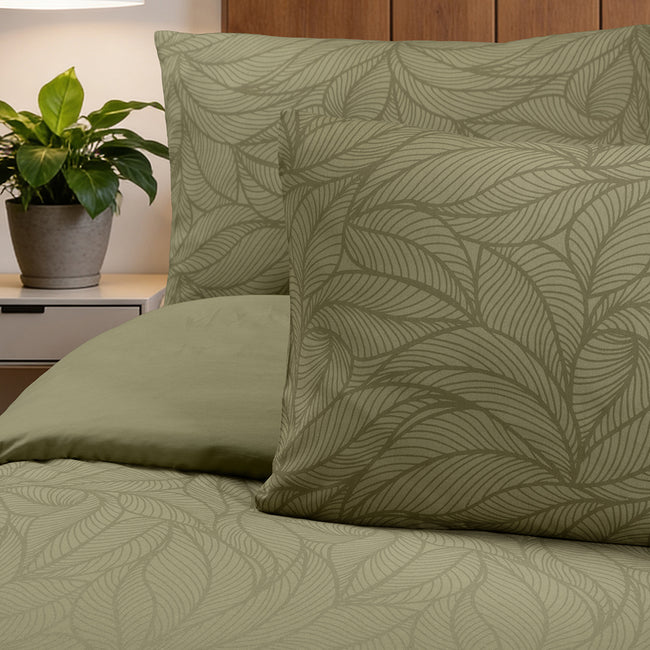 Leaf Line Çift Kişilik %100 Pamuk Ranforce Nevresim Seti Yağ Yeşili (3 Parça)
