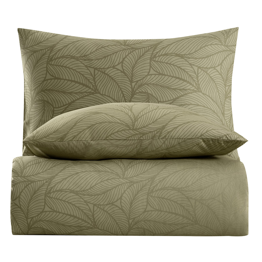 Leaf Line Çift Kişilik %100 Pamuk Ranforce Nevresim Seti Yağ Yeşili (3 Parça)