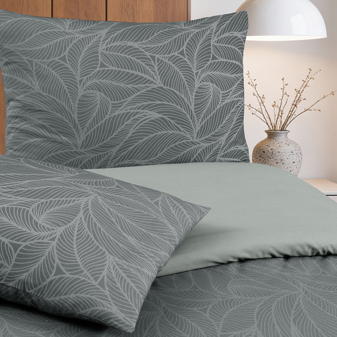 Leaf Line Çift Kişilik %100 Pamuk Ranforce Nevresim Seti Antrasit (3 Parça)
