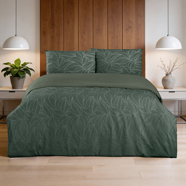 Leaf Line Çift Kişilik %100 Pamuk Ranforce Nevresim Seti Haki (3 Parça)