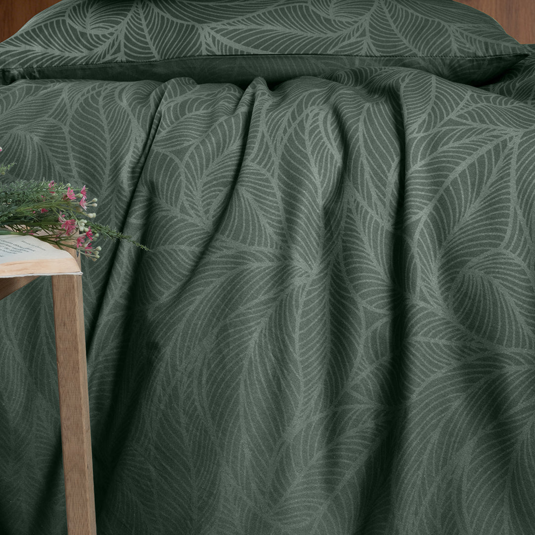 Leaf Line Çift Kişilik %100 Pamuk Ranforce Nevresim Seti Haki (3 Parça)
