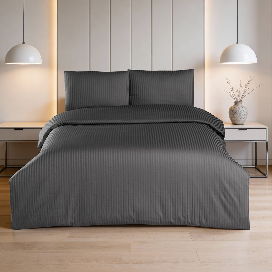Linestyle King Size Double %100 Cotton Sateen (90 Thread Count) Duvet Cover Set Anthracite (3 Piece)