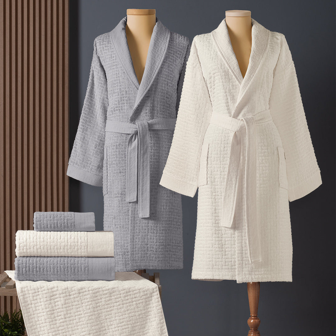 Lisse Bambu Aile Bornoz Seti Ekru/Gri (6 Parça) M-L/L-XL