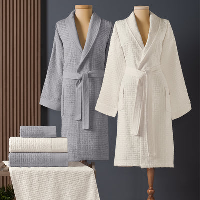 Lisse Bambu Aile Bornoz Seti Ekru/Gri (6 Parça) M-L/L-XL
