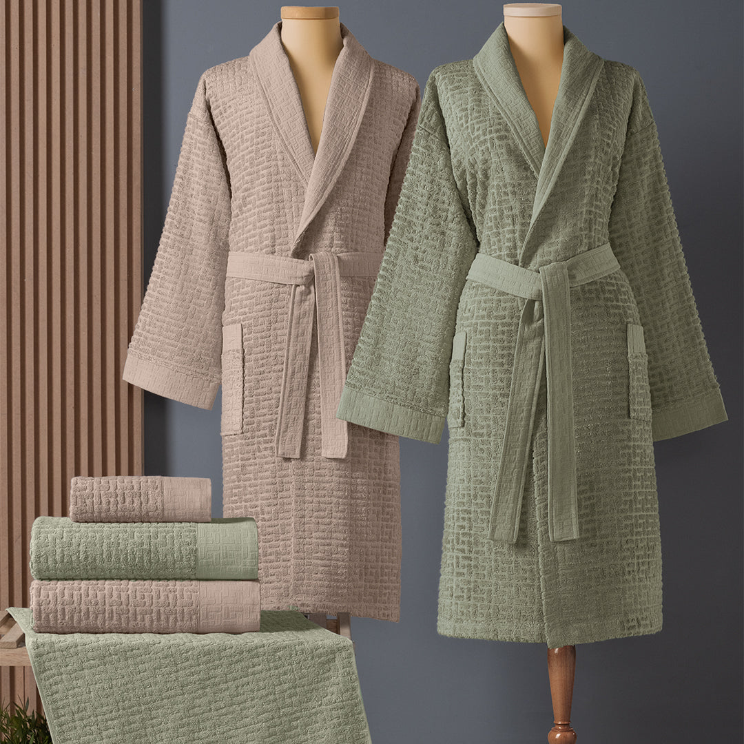 Lisse Bambu Aile Bornoz Seti Adaçayı Yeşili/Bej (6 Parça)