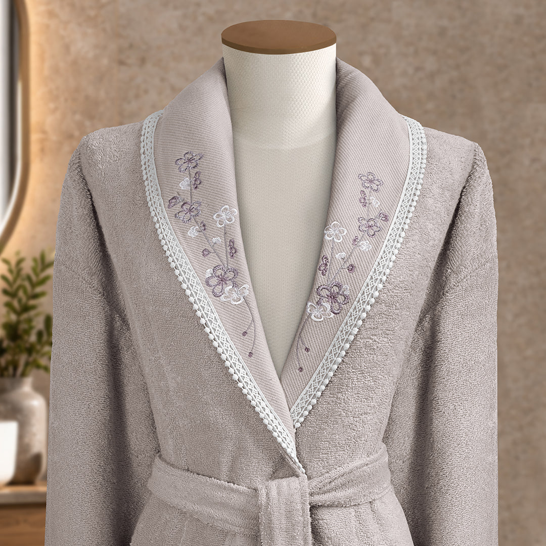 Livia Bambu Nakışlı Aile Bornoz Seti Lila/Gri M-L/L-XL 6 Parça