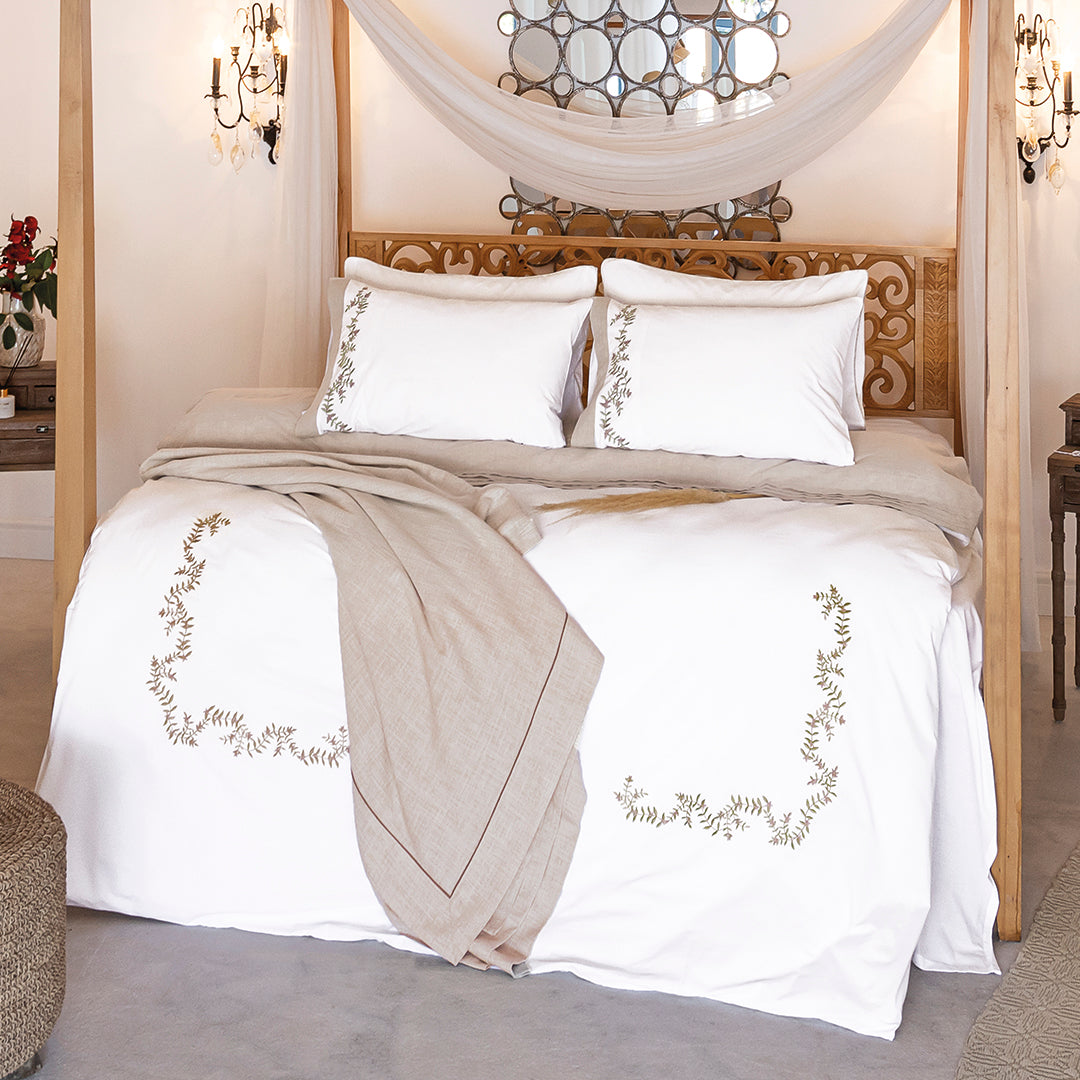 Maria Çift Kişilik Keten&Percale Nevresim Seti Beyaz/Natürel (7 Parça)