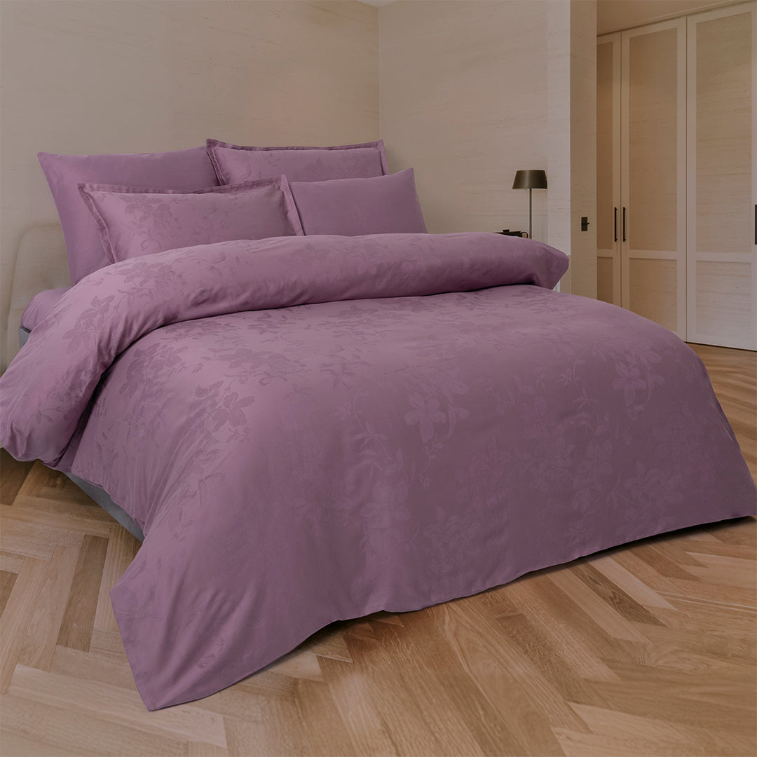 Perle Jakarlı Saten Çift Kişilik Nevresim Takımı Lila (6 Parça)