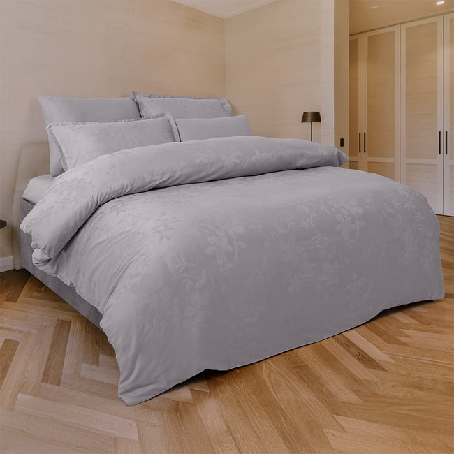 Perle Jakarlı Saten Çift Kişilik Nevresim Takımı Gri (6 Parça)