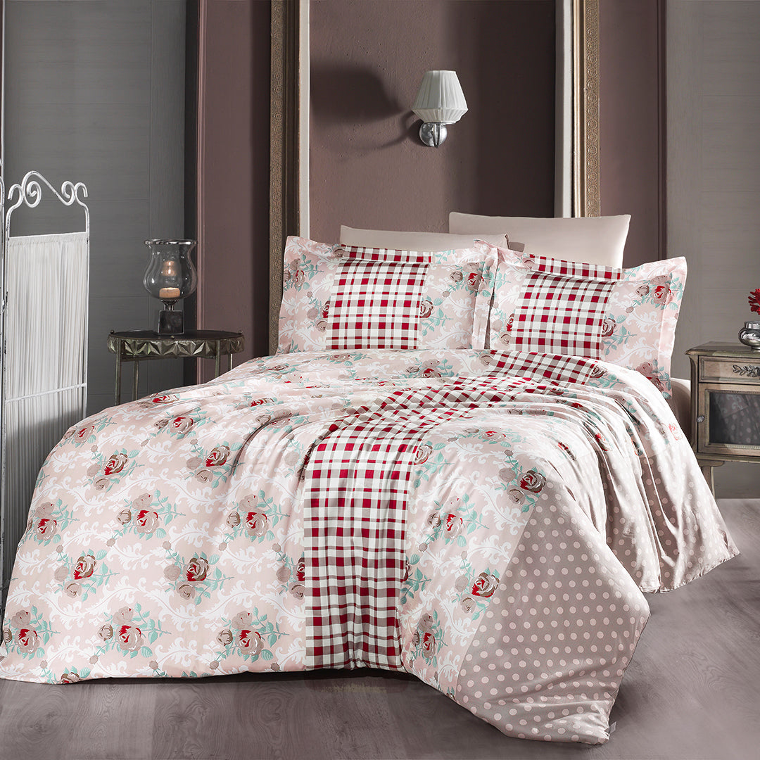 Sale Çift Kişilik Baskılı Saten Nevresim Takımı Bej (6 Parça)