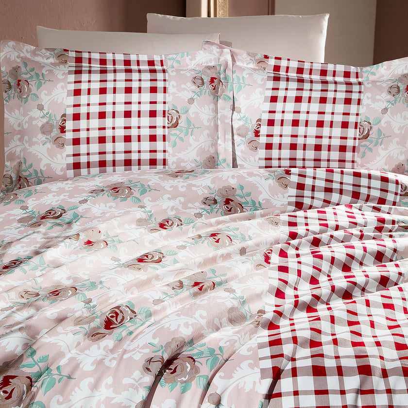 Sale Çift Kişilik Baskılı Saten Nevresim Takımı Bej (6 Parça)