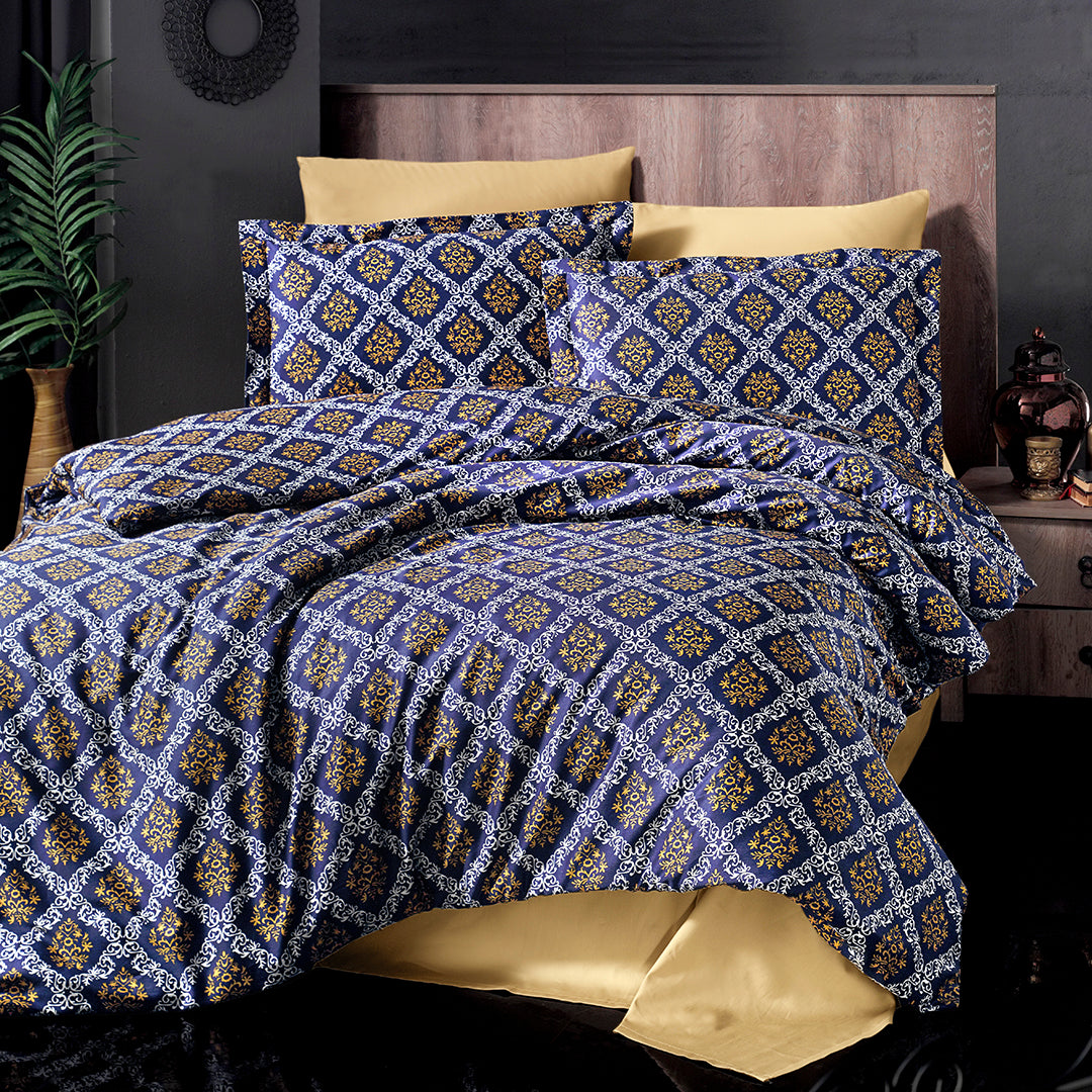 Vegas Çift Kişilik Baskılı Saten Nevresim Takımı Lacivert (6 Parça)