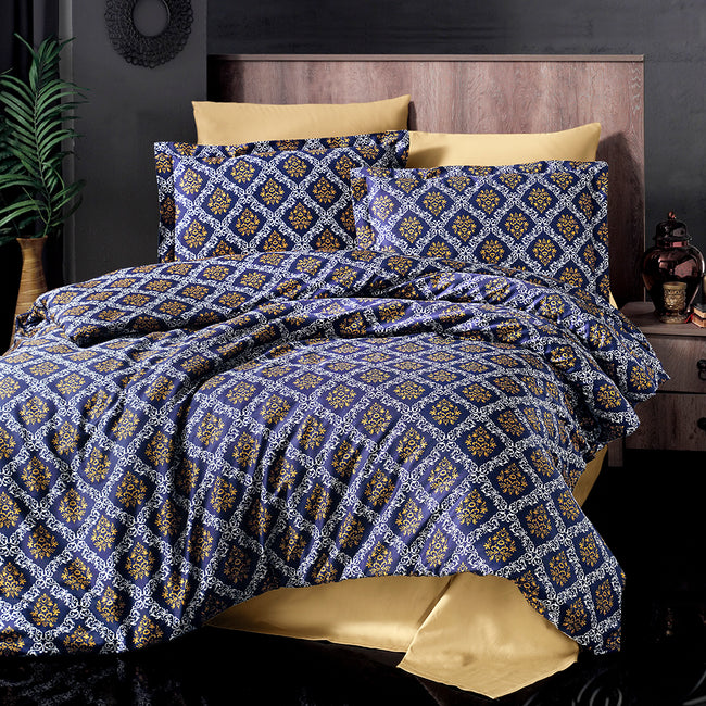 Vegas Çift Kişilik Baskılı Saten Nevresim Takımı Lacivert (6 Parça)