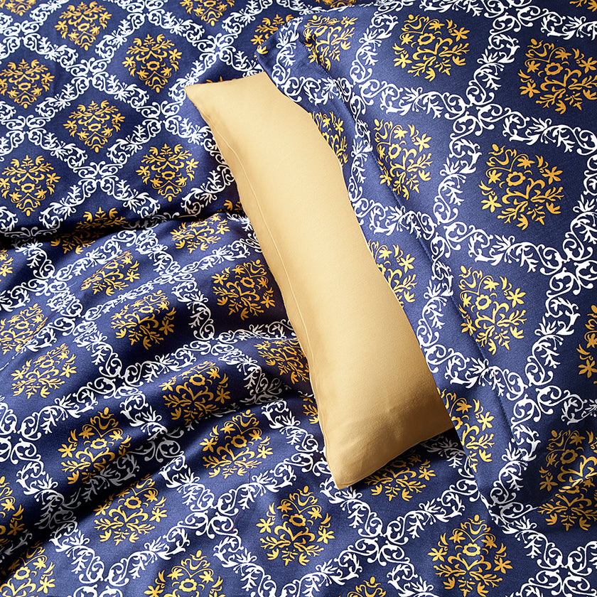 Vegas Çift Kişilik Baskılı Saten Nevresim Takımı Lacivert (6 Parça)