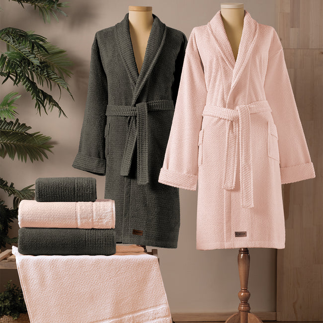 Verto %100 Pamuk Aile Bornoz Seti Şeftali/Antrasit (6 Parça)